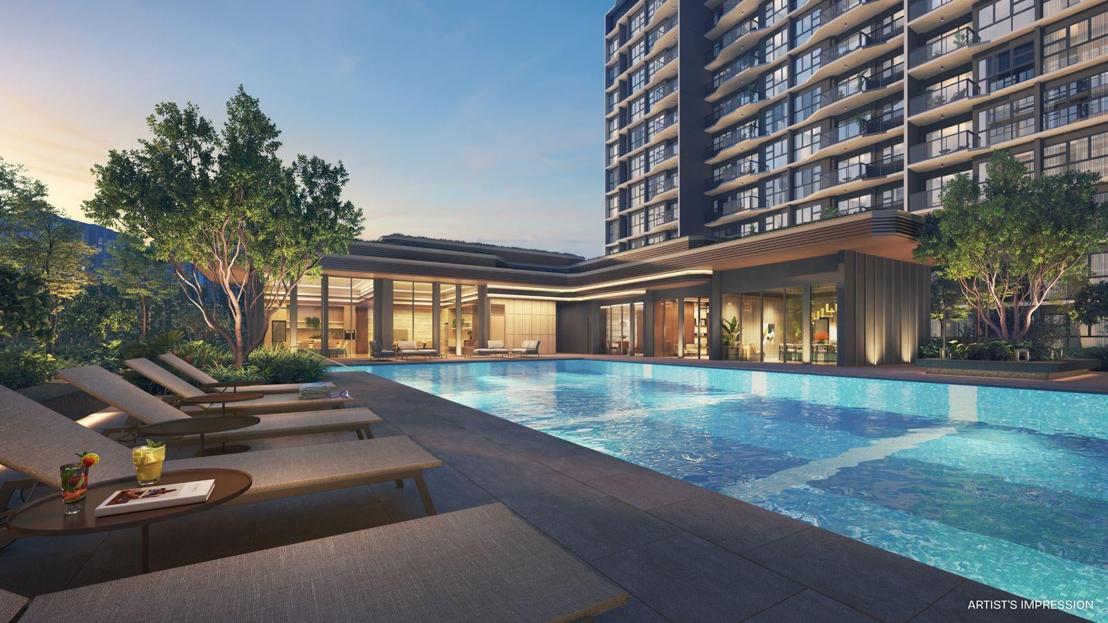 Resort-style swimming pool with clubhouse pavilion at Pinery Residences